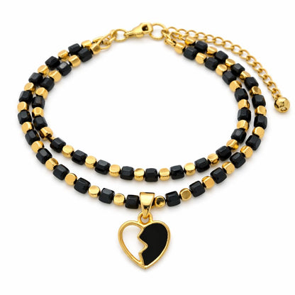 Women's Double Strand Natural Spinel and Hematite Beaded Bracelet with Heart Charm