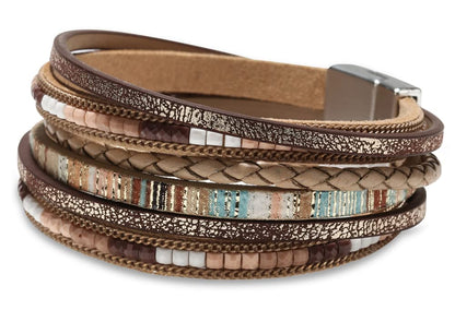 Multilayer Leather Wrap Bracelet for Women with Leopard Print and Beaded Clasp