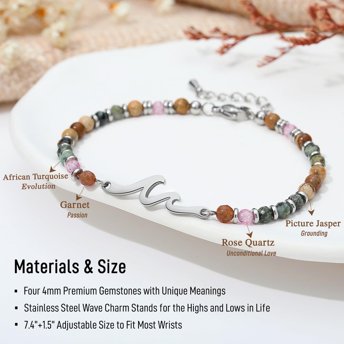 Women's Beaded Wave Bracelet with Natural Stones and Stainless Steel Beads – Friendship Gift Set